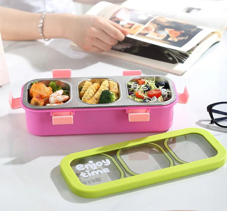 Students 3 Grids Leakproof Picnic Tiffin Food Container Stainless Steel Vacuum Insulated Thermos Bento Lunch Box for School