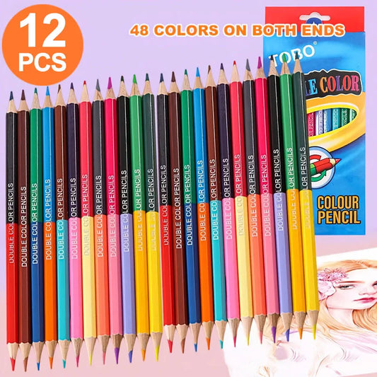 12 Dual-Color Pencils with 24 Colors on Both Ends, Suitable for School Supplies, Art Supplies, Professional Art Drawing Pencils,