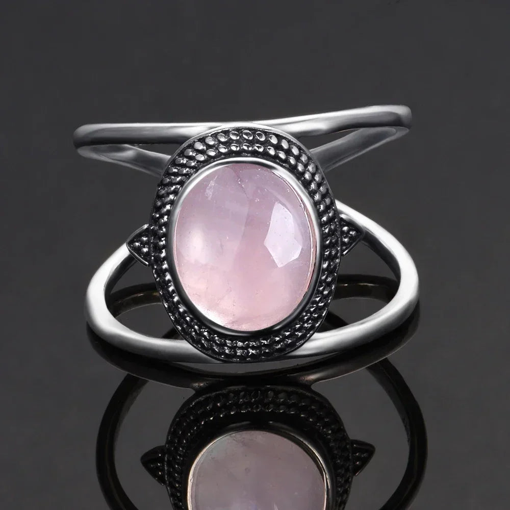 S925 Sterling SilverRing for Women Oval Round Natural Rose Quartz Ring Gift Sun Shaped Retro Luxury Fashion Fine Jewelry