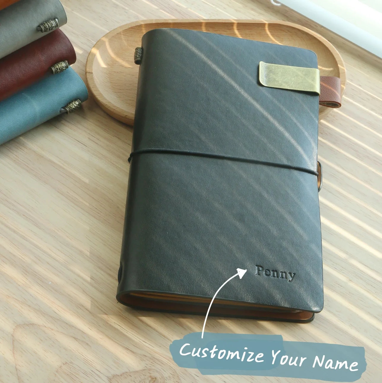 Customizable Vintage Leather Journal A6 Travel Notebook with Pen Holder And PVC Cash Card Sleeves Personalized Sketch Journal