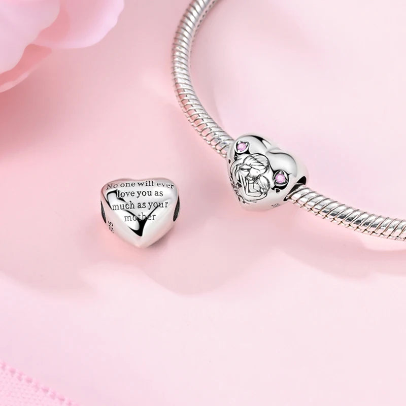 925 Sterling Silver Heart Shape Charm Beads Mother Daughter Family Pet Paw Beads Fit Bracelets Mother's Day Jewelry Gift