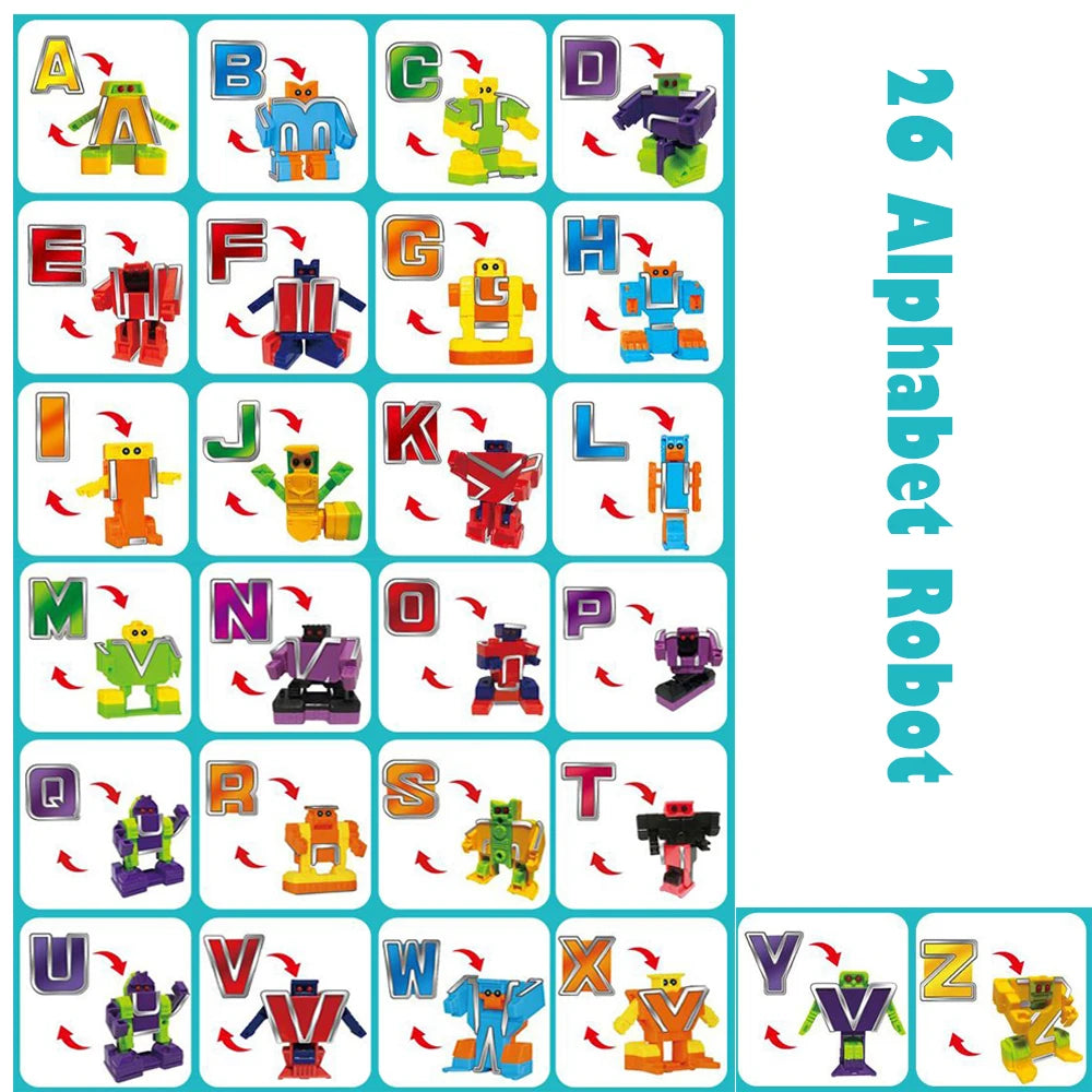 26 Pcs Alphabet Transformation Robot Toy English Letter Learn A-Z Deformation Action Figures STEM Education Toys for Kids Gift