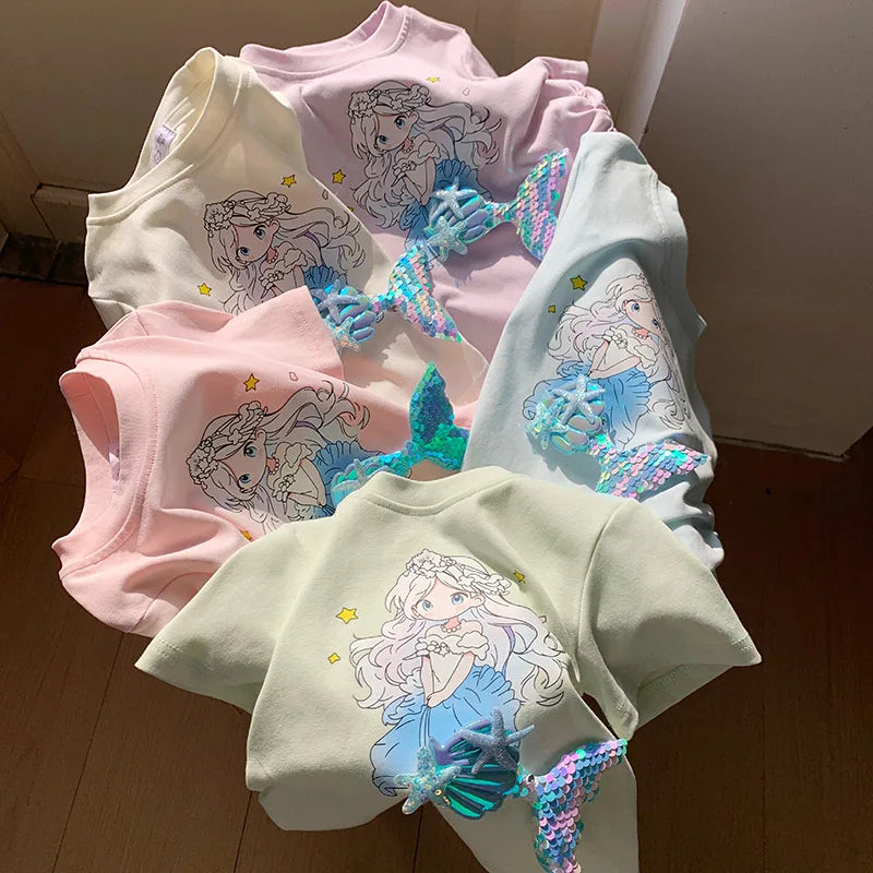 2-10T Mermaid Girls T Shirt Summer Toddler Kid Baby Clothes Short Sleeve Infant Princess Tee Top Loose Childrens Tshirt Outfit