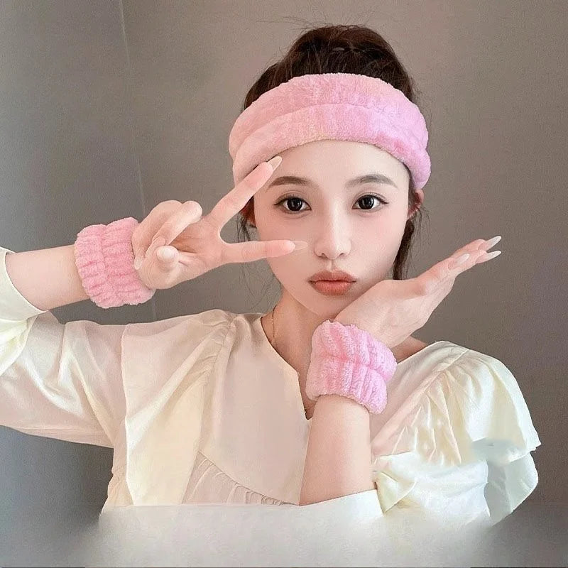 Soft Coral Fleece Headband for Women Wide Bow Hair Band Wristband Hair Accessories for Skincare and Face Washing