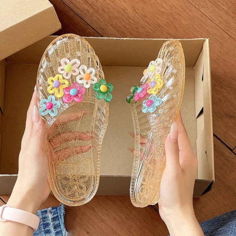 Fashion Women Jelly Slides Sandals Crystal Transparent Beach Slippers Flower Charm Flat Half Shoes Summer Outdoor Casual Sandal