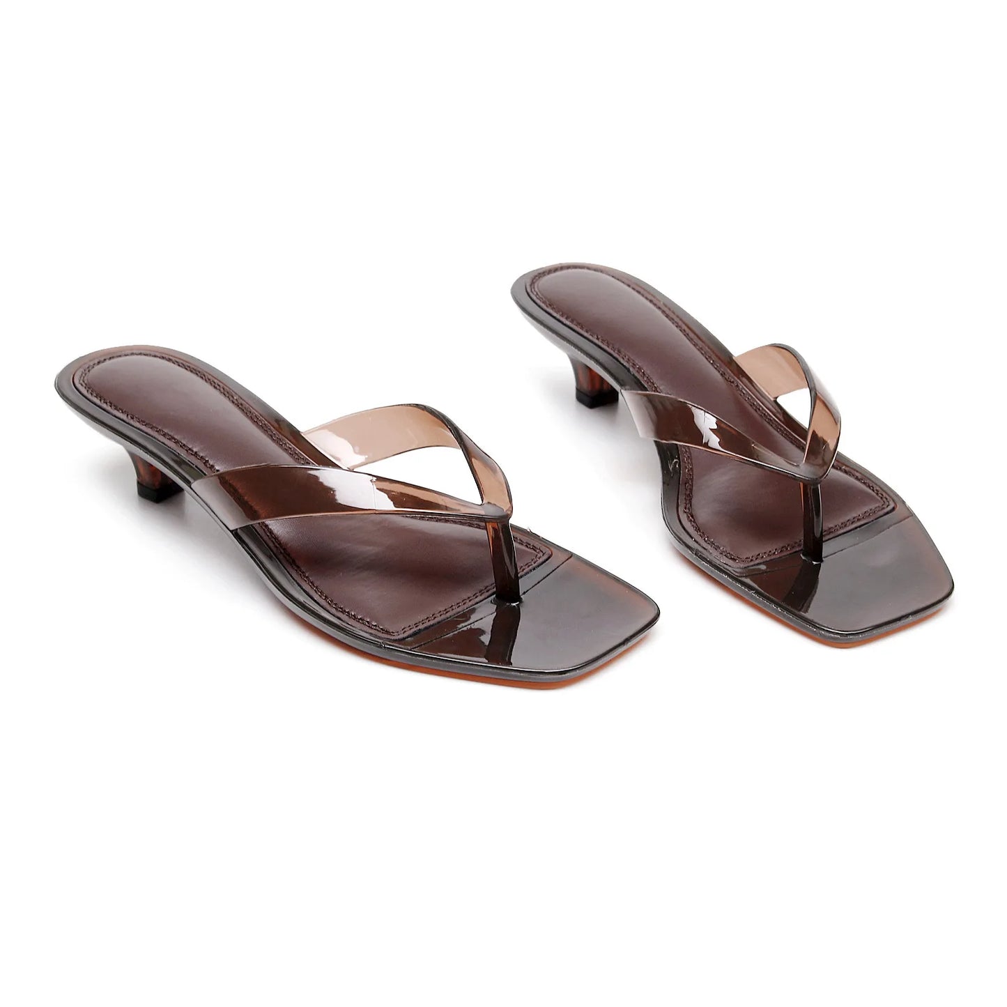Summer Women Jelly Thong Flip Flops Square Toe Kitten Heel Slide Sandals Transparent TPU Beach Slippers