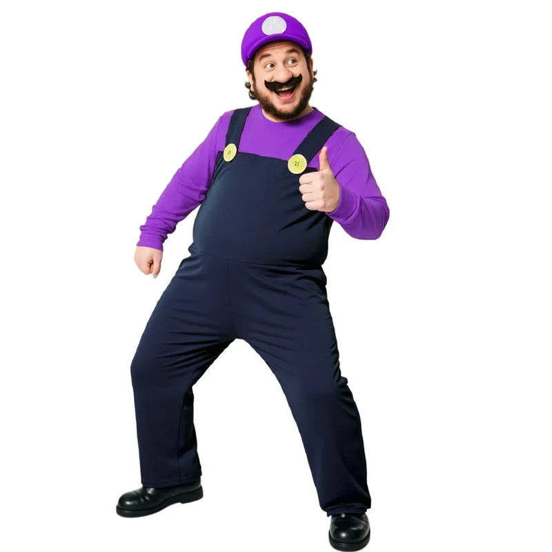 Mens Halloween Plumber Costume with Fake Beard Hat Gloves Adult Cosplay Jumpsuit Party Outfit Red, Yellow, Purple Plumber