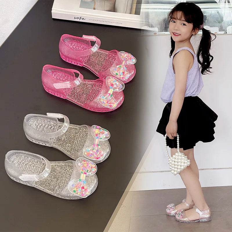 Summer Bow Crystal Jelly Girl Casual Princess Sandals Children Closed-Toe Non-Slip Soft Sole Beach Shoe Kids Casual Outdoor Shoe
