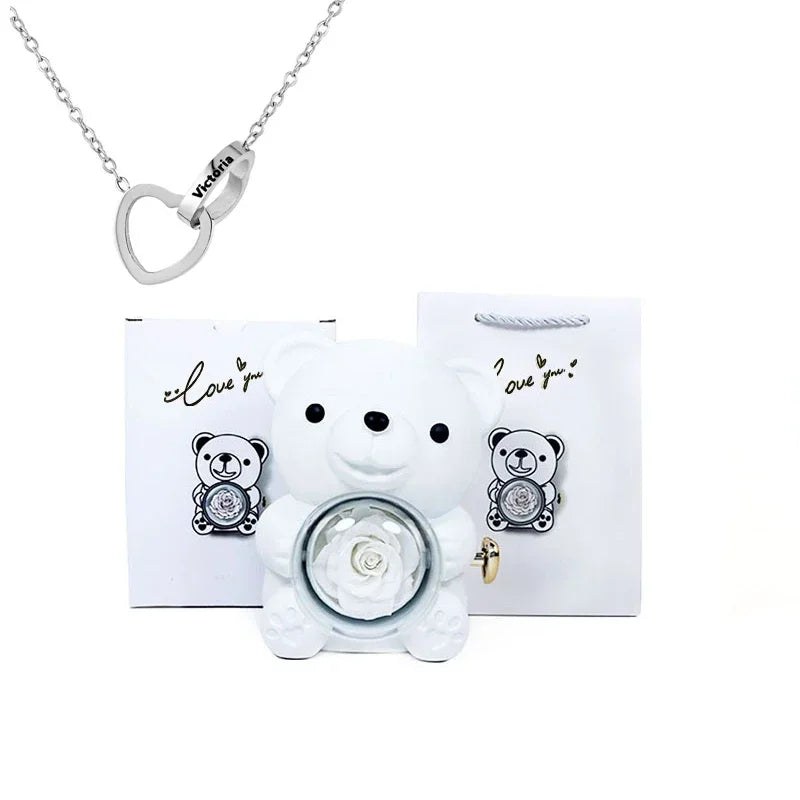 Mini Delicate Heart Engraved Necklace Lovely Bear Jewelry Boxes Valentine's Day Mother Day Birthday Gift Paper Bag Set