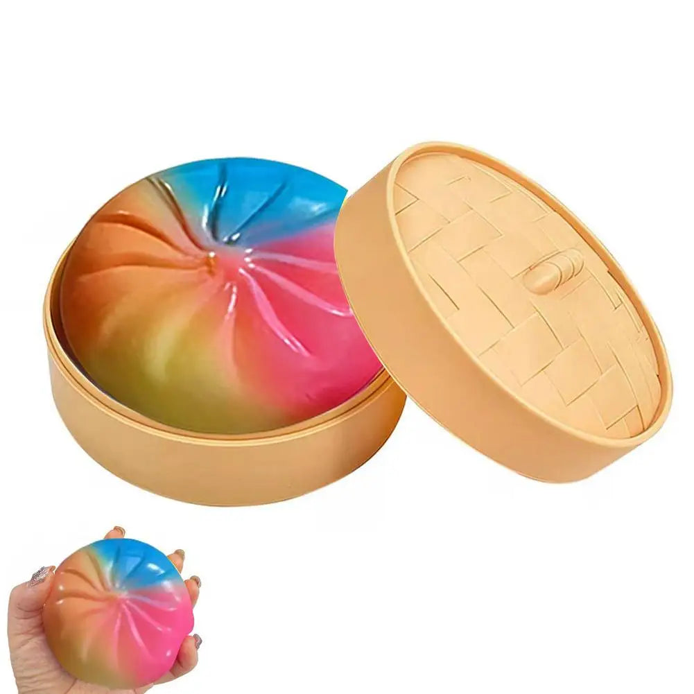 Colorful Dumpling Squishes Stress Balls Fidget Sensory Toys Simulation Food Squishies Bun with Steamer Squeeze Dough Ball Gifts
