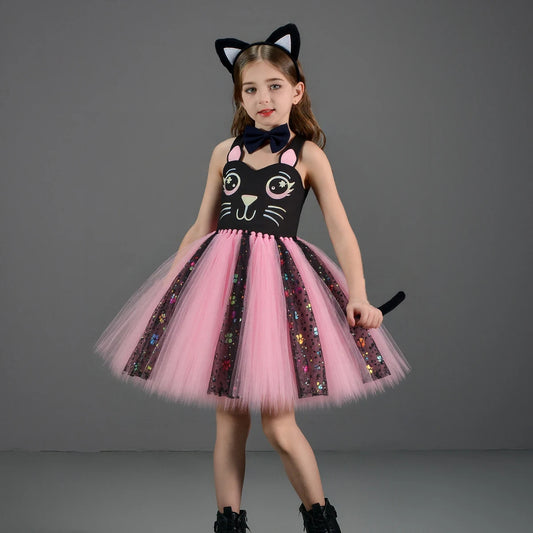 Pink Black Cat Tutu Dress for Baby Girls Halloween Dress up Costume Kids Animal Kitty Birthday Outfit with Ears Ears Bowtie Tail
