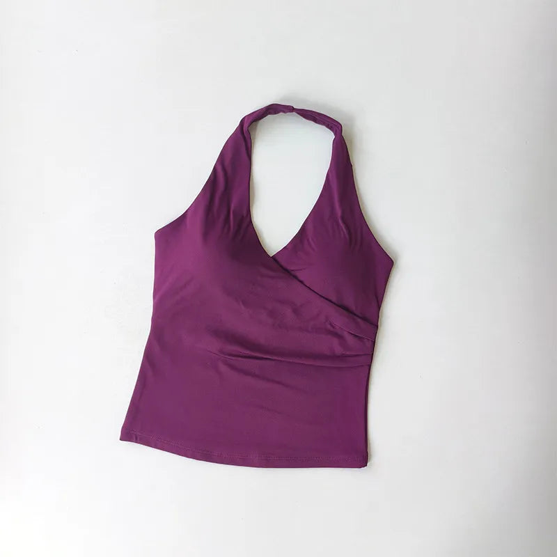 Sexy V-neck Cross Halter Neck with Chest Pad Yoga Vest Sleeveless Naked Sense Sports Fitness Bras Top Outer Wear Beautiful Back