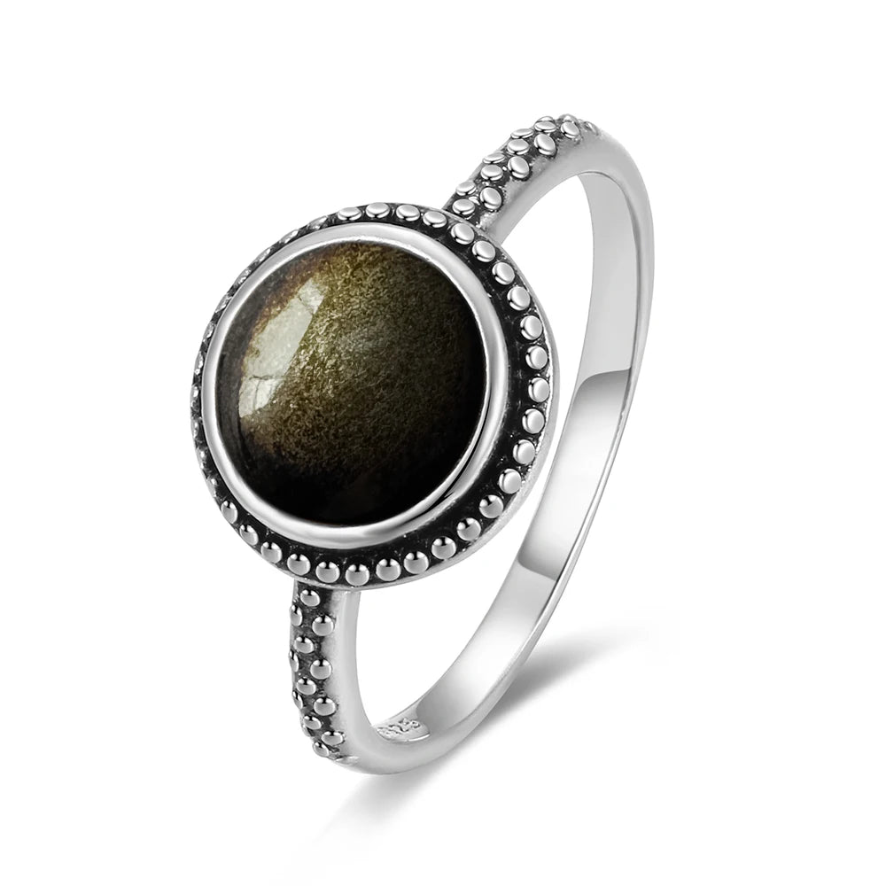 Vintage S925 Sterling Silver Ring Oval Round Natural Obsidian Ring Sun And Flower Shaped Retro Fine Jewelry For Women Men