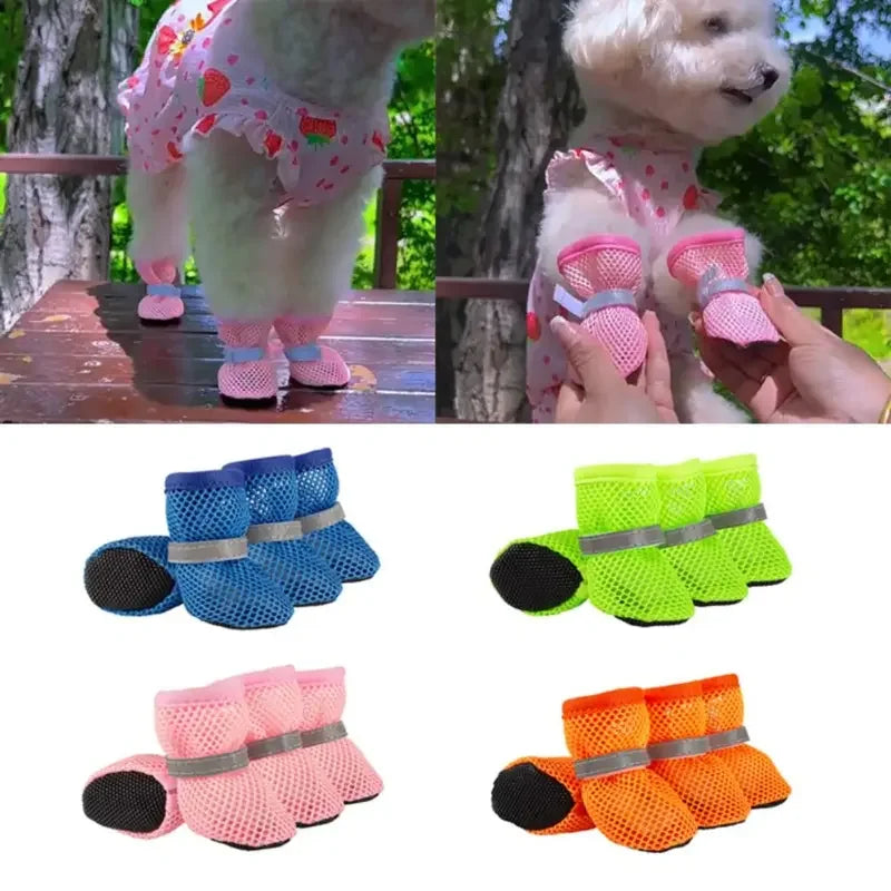 4Pcs Summer Cooling Dog Boots for Night Walks Breathable Mesh Dog Shoes with Reflective Straps & Soft Sole for Paw Protection