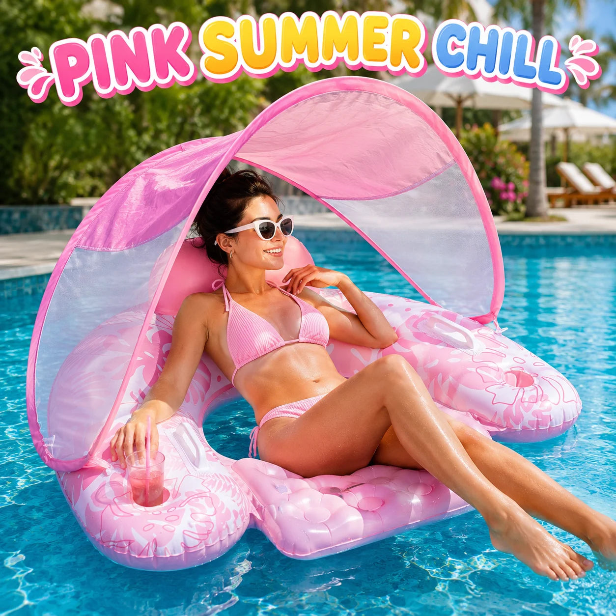Inflatable Pool Floats Chair with Canopy, Adult Swimming Pool Lounger, Sun Shade Floating Raft Cup Holder for Beach Lake Summer