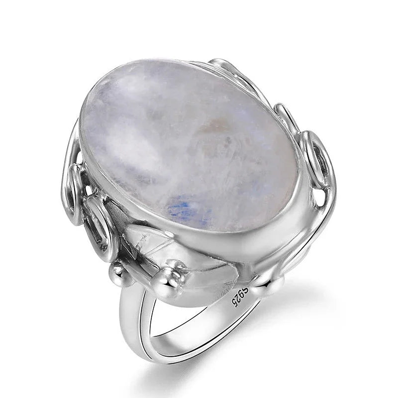 S925 Silver Ring Natural Lapis Lazuli White Chalcedony Moonstone Ring Large Stone 11x17MM Oval Jewelry for Women