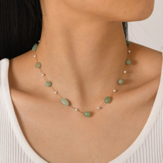 Boho Necklace Beach Irregular Natural Stone Necklaces for Women Stainless Steel Imitation Pearl Jade Necklace Jewelry Gift