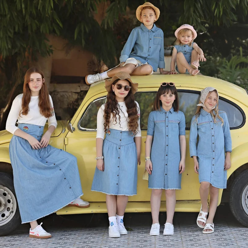 Summer kids clothes denim blue boy and girl dress t-shirt top set baby romper skirt colorful embroidery stripes children outfit