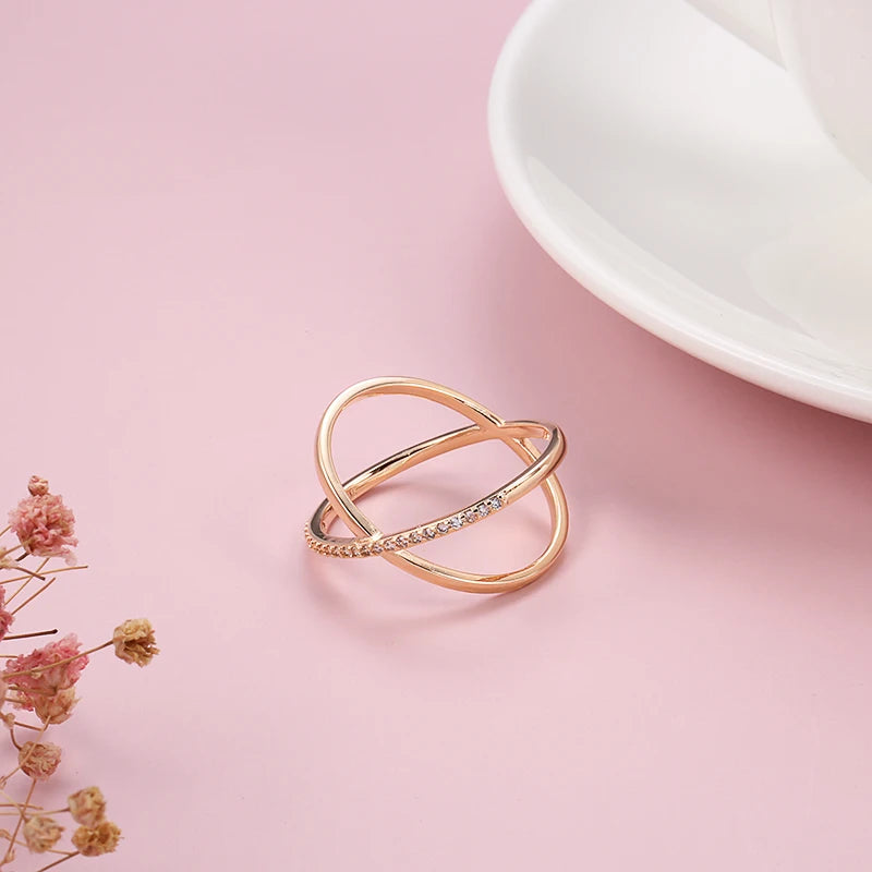 Kinel Luxury Natural Zircon Rings for Women Fashion 585 Rose Gold Geometry Cross Ring Vintage Wedding Jewelry Crystal Gift