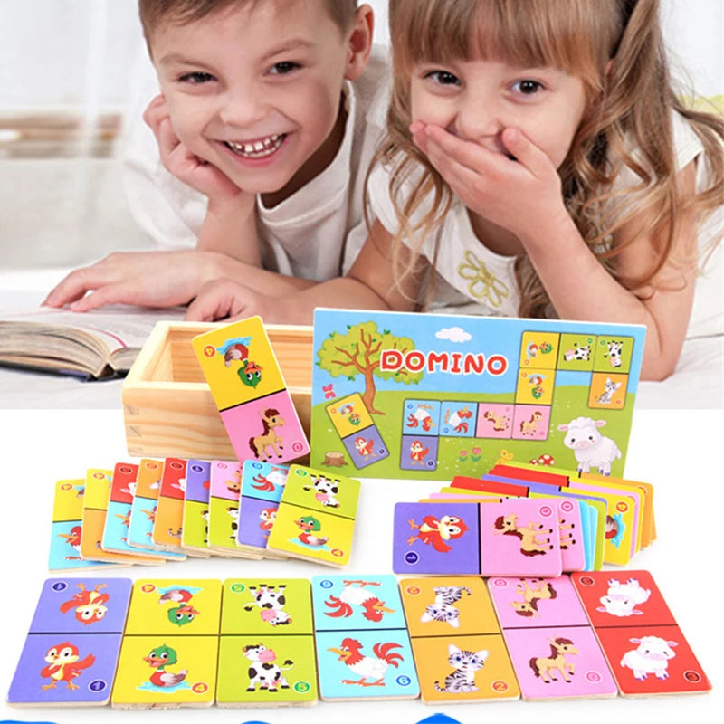 Kids Cognitive Animal Solitaire Dominoes Puzzle Toy Montessori Wooden Animal Color Cognitive Cartoon Jigsaw Board Education Toys