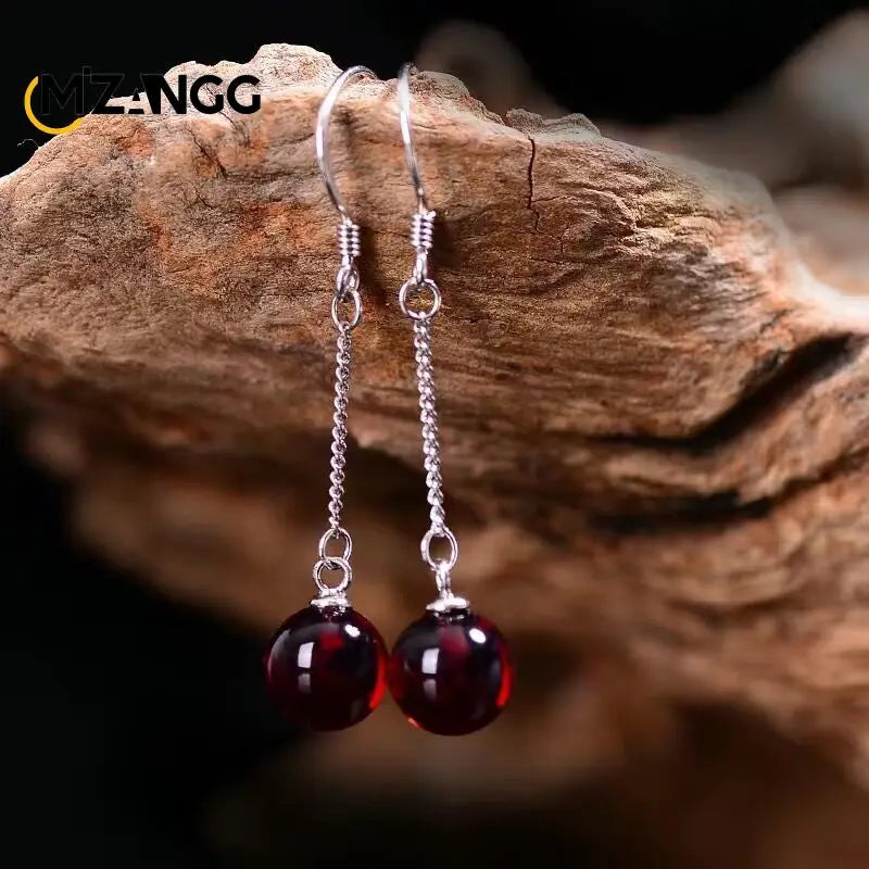 Natural Chicken Oil Yellow Beeswax Round Bead Earrings New S925 Silver Red Amber Eardrops Luxury Classic Women's Jewelry Mascots