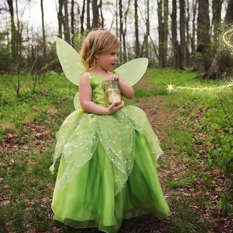 Kids Girls Tinker Bell Costume Kids Green Fairy Princess Tinkerbell Fancy Dress Birthday Party Halloween Cosplay Outfits 2-10Yrs