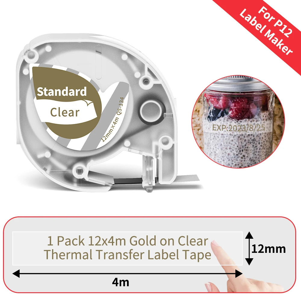 P12 Label Tape Compatible with Dymo LetraTag 200B Refills LT-100H Label Replacement for Phomemo P12 PRO Label Maker 12mm x 4m