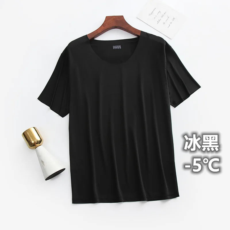 Summer Ultra-thin Sleep Tops Liquid Ice Silk Round Neck High-elastic Leisure Home Cooling Bottom Tshirts Lightweight Pajama Top