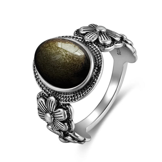 Vintage S925 Sterling Silver Rose Flower Ring With Oval 8*10mm Natural Moonstone Sweet Ring Fine Jewelry For Woman
