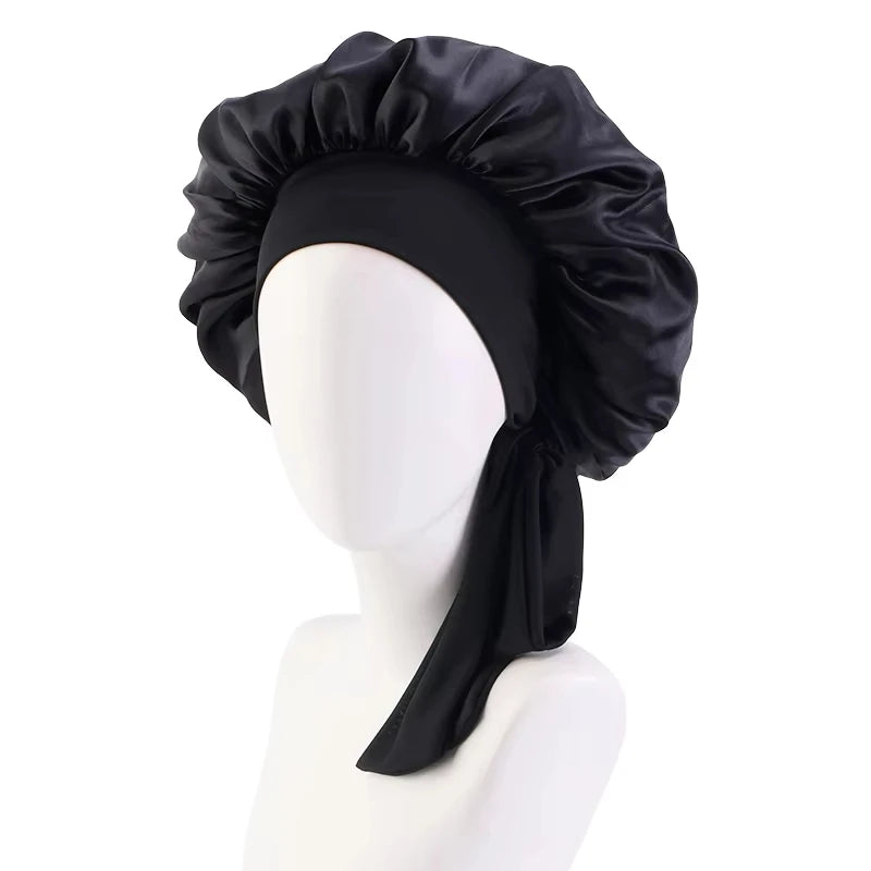 New Satin Sleeping Cap For Women Solid Wide Band Stretch Head Tie Silky Bonnet Edge Wrap Nightcap Hair Care Shower Head Cover