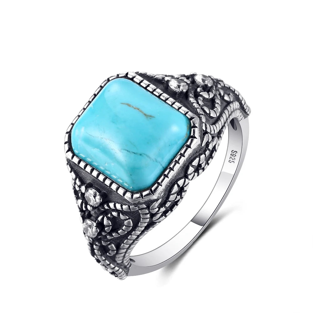 S925 Silver Oval Natural Turquoise Rings for Men Women Silver Fine Jewelry