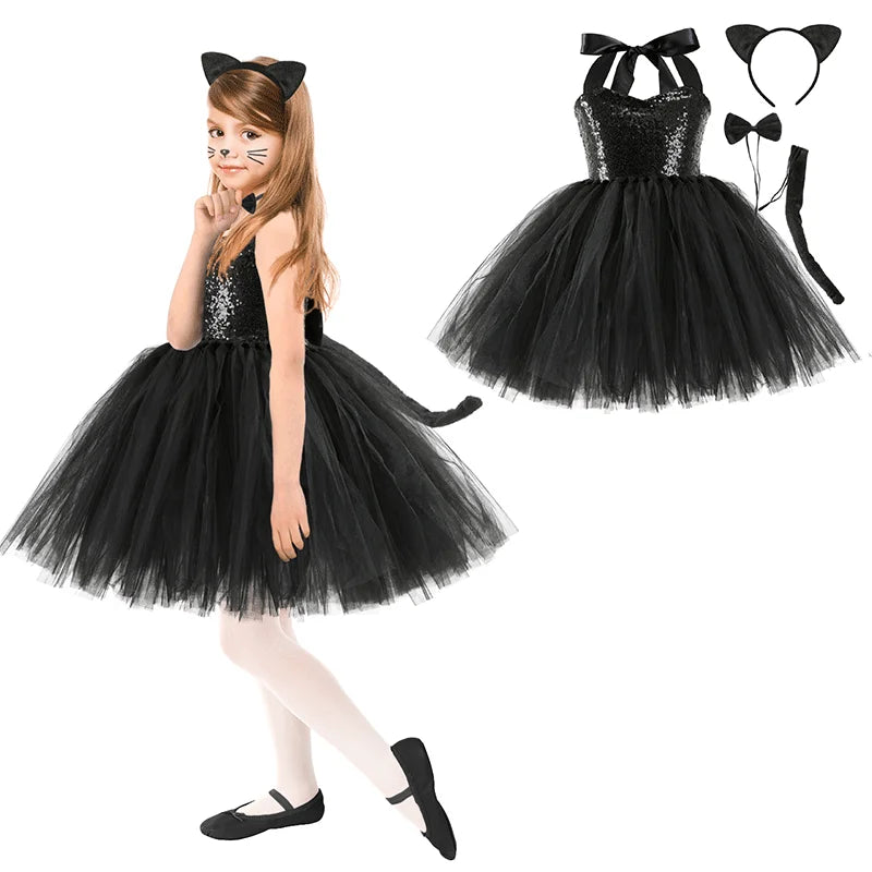 Cute Leopard Tiger Cat Giraffe Tutu Dress For Girls Halloween Animal Cosplay Costume Outfit Kids Christmas Carnival Party Dress