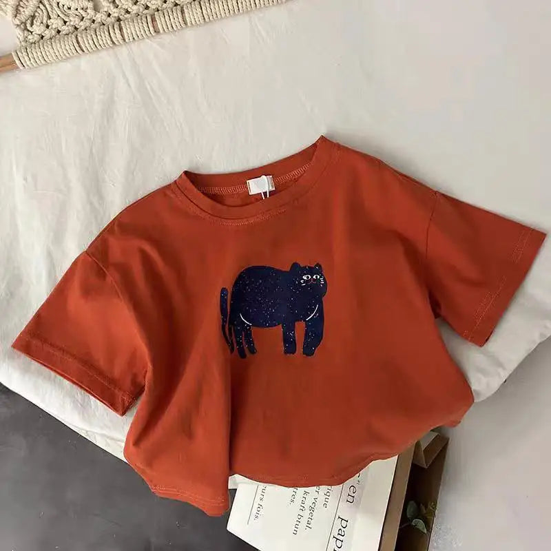 ‌Korean Style Summer Kids T-Shirt Cute Cartoon Print Loose Fit Drop Shoulder Mid-Sleeve Top for Baby Boys Girls Toddler Clothes
