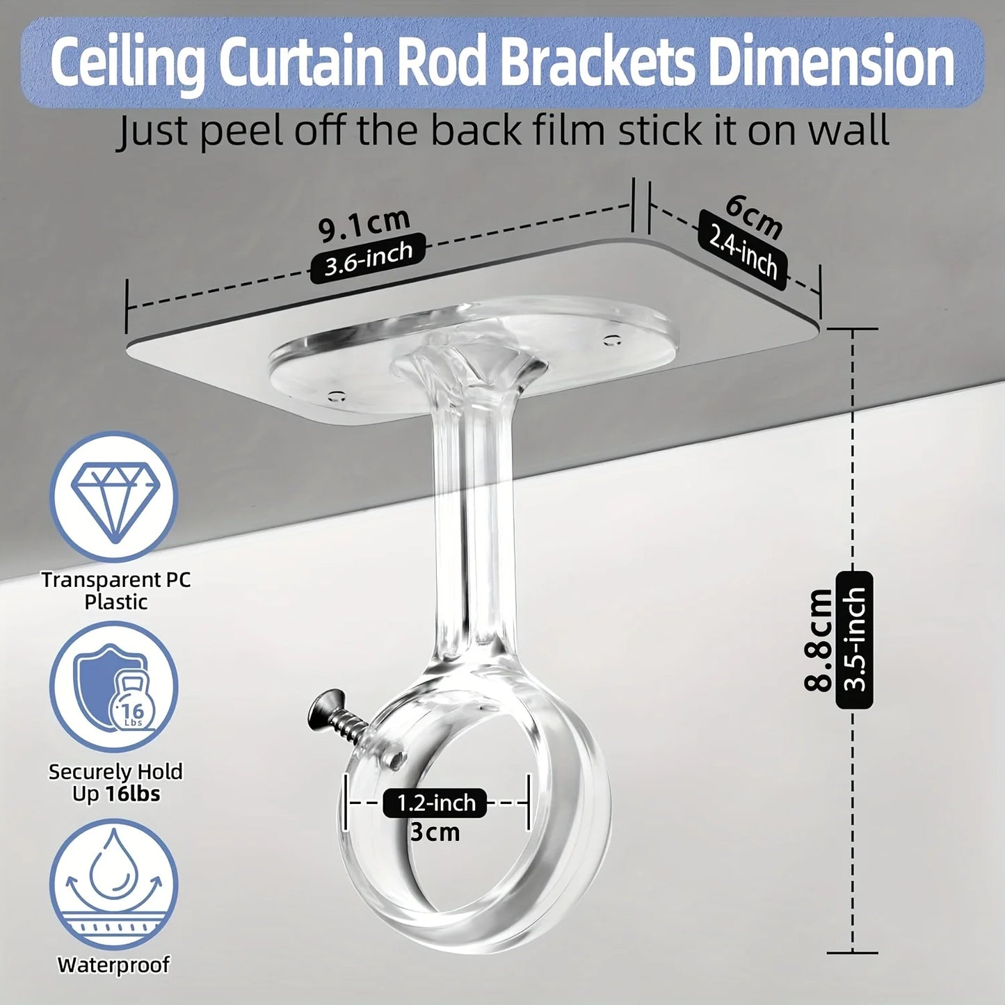 2pcs Heavy-Adhesive Ceiling Curtain Rod Brackets - No Drilling Installation, Adjustable Height, 1.2inch Diameter Rod Holders