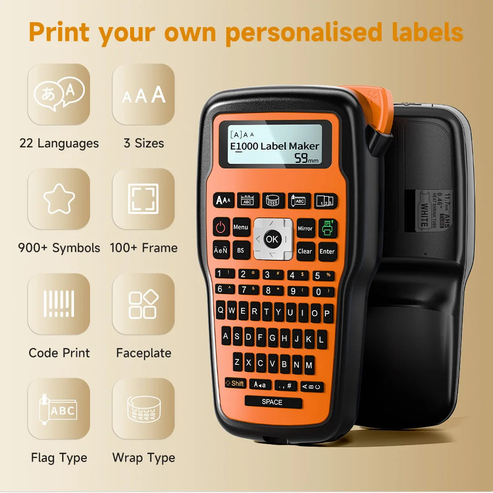 Industrial Label Printer E1000 PRO Portable Heat Shrink Tube Label Printer Compatible Brother HSE-231 HSE-631 for Marking Cable