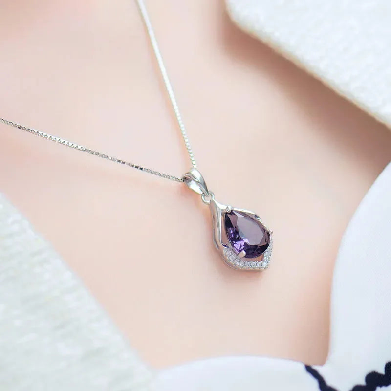 Natural Amethyst S925 Silver Necklace Female Pendants Clavicle Chain Accessories Peridot Gemstone Bizuteria Jewelry Pendants