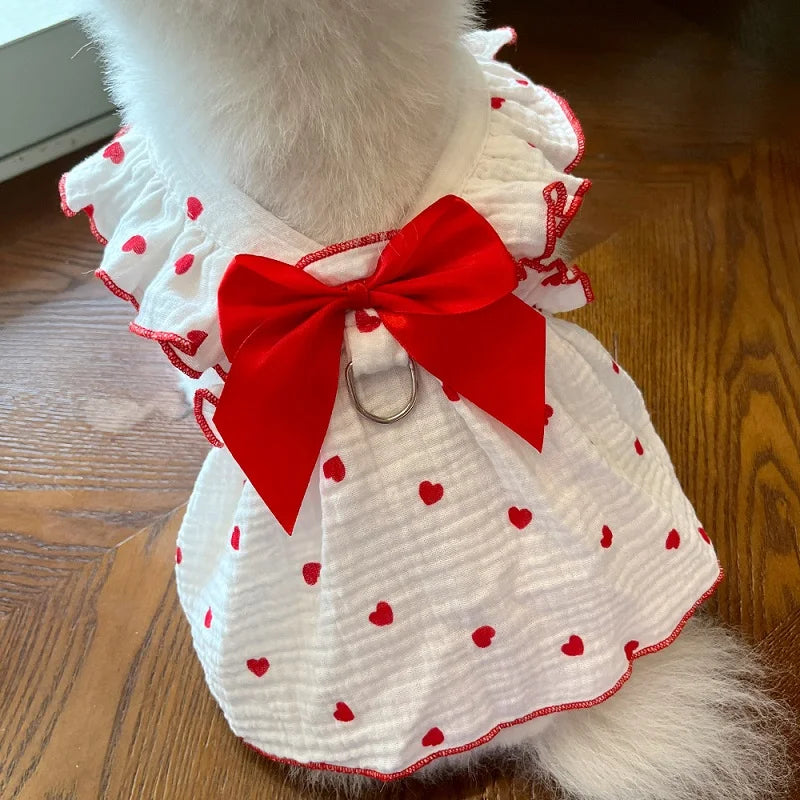 Dog Cooling Dress Summer Thin Bow Heart Print Dog Clothes Pet Skirt Kitten Puppy Costume Chihuahua Bichon Yorkie Girls Dog Vest