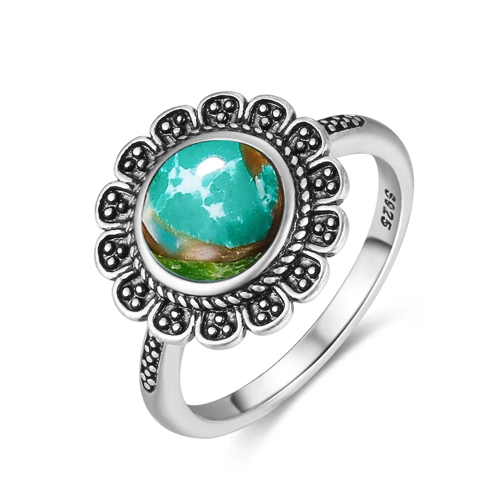 Vintage S925 Sterling Silver Ring with Oval Natural Emperor's Stone Flower Shape Hollow out Ring Fine Jewelry for Women
