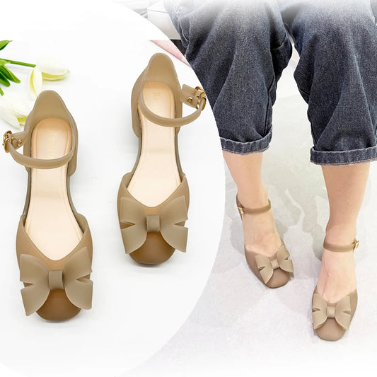 Resillee Women Mary Jane Jelly Shoes With Bow Decor Ankle Strap Waterproof PVC Flat Sandals Casual Anti-slip Beach Rain Shoes