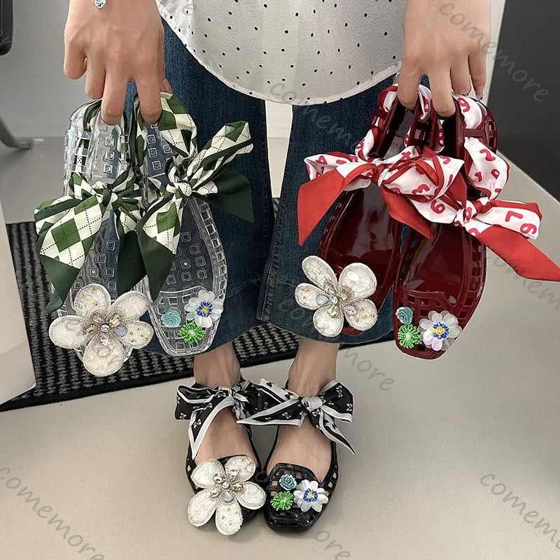 2025 Korea Style Jelly Flats Fashion Lace Band Shoes Accessories Women Loafers Hollow Square Toe Women Beach Sandals Soft Sole