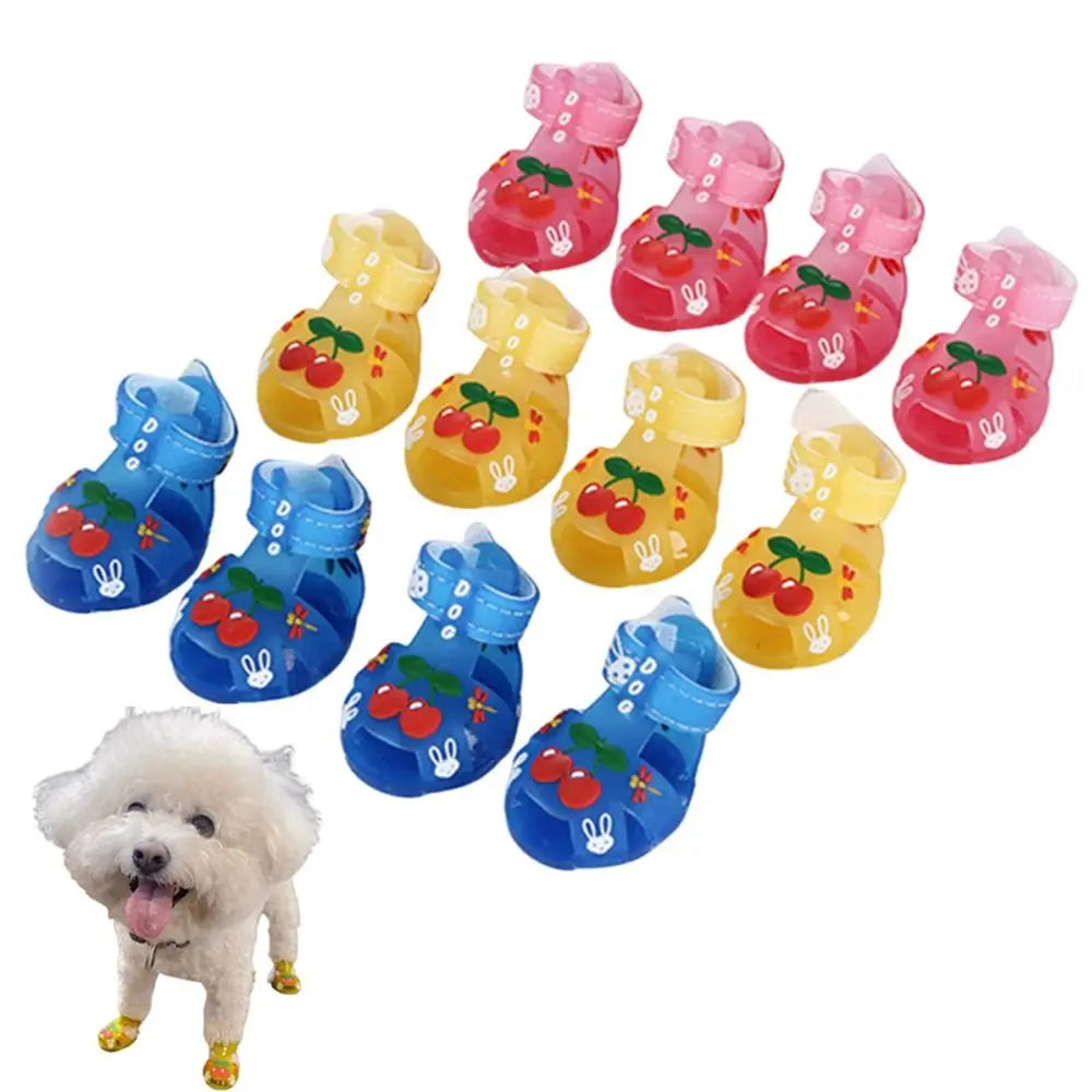 4Pcs/Set Cartoon Dog Summer Jelly Sandals Soft Adjustable Breathable Dog Shoes Wear-resistant Non-slip Hollow Puppy Shoes