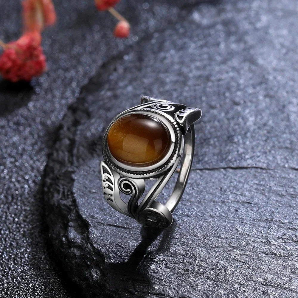 Natural 8x10MM Tiger's Eye Rings Vintage S925 Silver Finger Ring for Women Gift Luxury Rhodochrosite Stone Jewelry