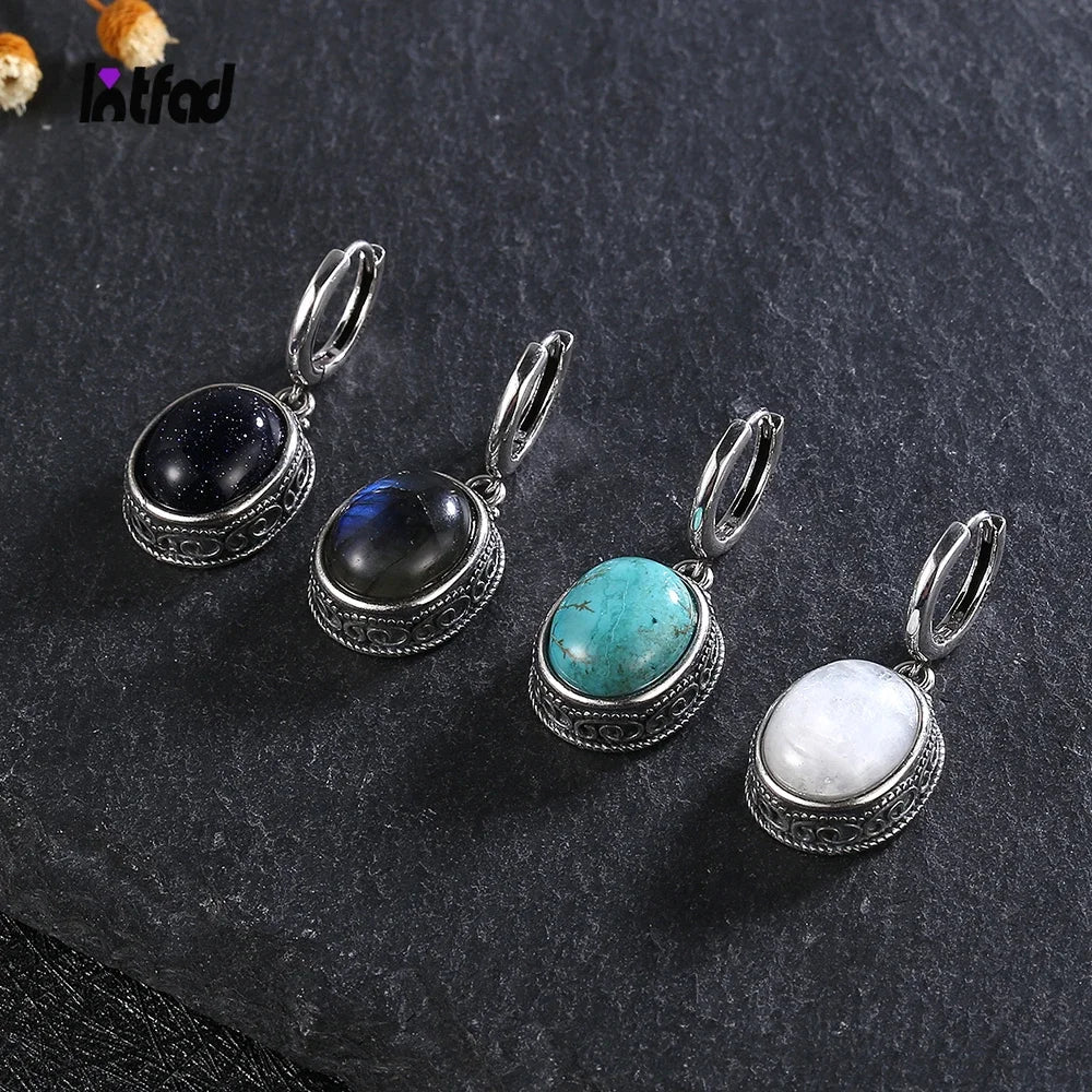 S925 Silver Earring Oval Emperor Stone Hoop Earrings for Women Retro Moonstone Party Dainty Jewelry Birthday Gift