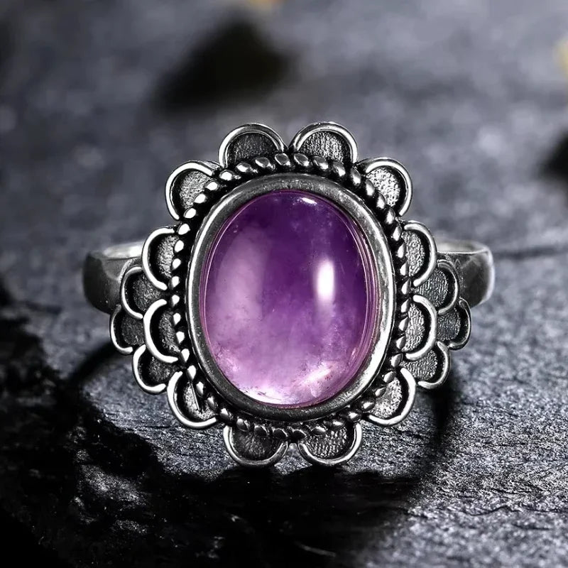 S925 Sterling Silver Vintage Ring With Natural Amethyst Two Stone Ring Waterdrop Shape Fine Jewelry Gifts for Women