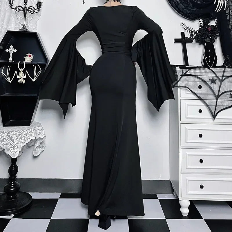 Halloween Costume Women Batwing Sleeve Floor Dress Black Gothic Evil Terror Maxi Mistress Morticia Addam Family Outfit For Adult