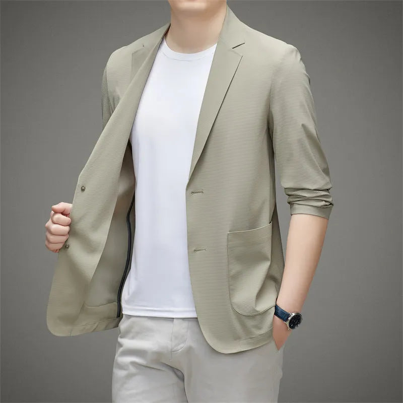 Minimalist Men Casual Blazer Ice Silk Nylon Spandex Seamless High Stretch Sun Protection Cooling Summer Breathable Tech Jacket