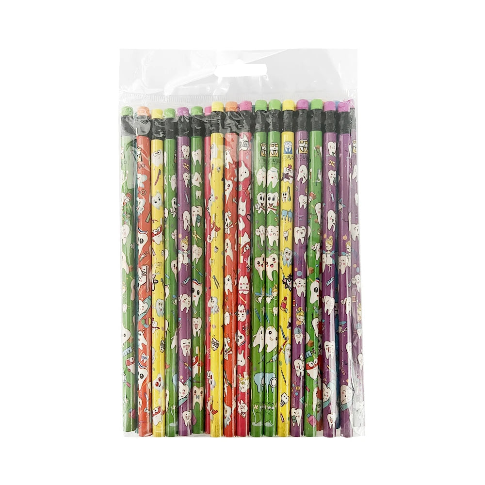 50pcs Dental Pencil Cute Cartoon Tooth Pattern Pencil With Eraser Children Drawing Pencil School Writing Stationery Dental Gifts
