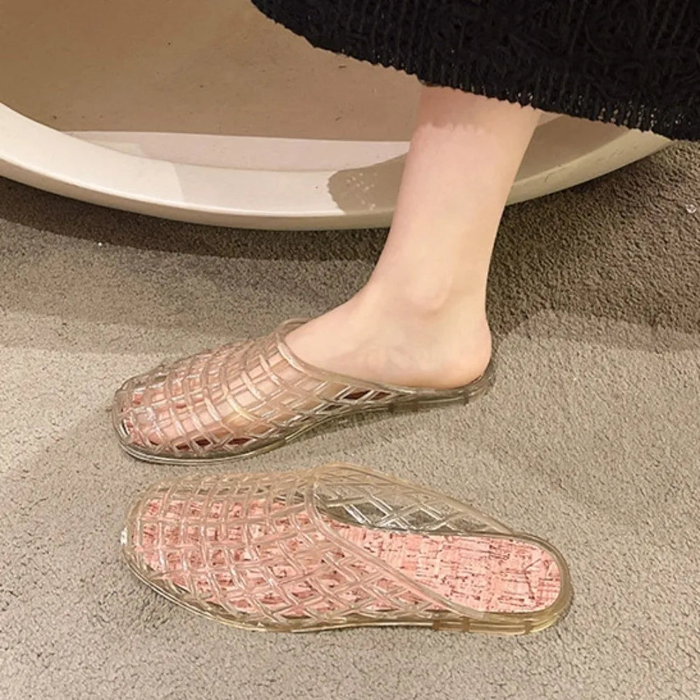 Round Toe PVC Crystal Slippers Non-Slip Transparent Fishing Net Jelly Sandals Soft Flat Low Bottom DIY Shoes Charms Shoes
