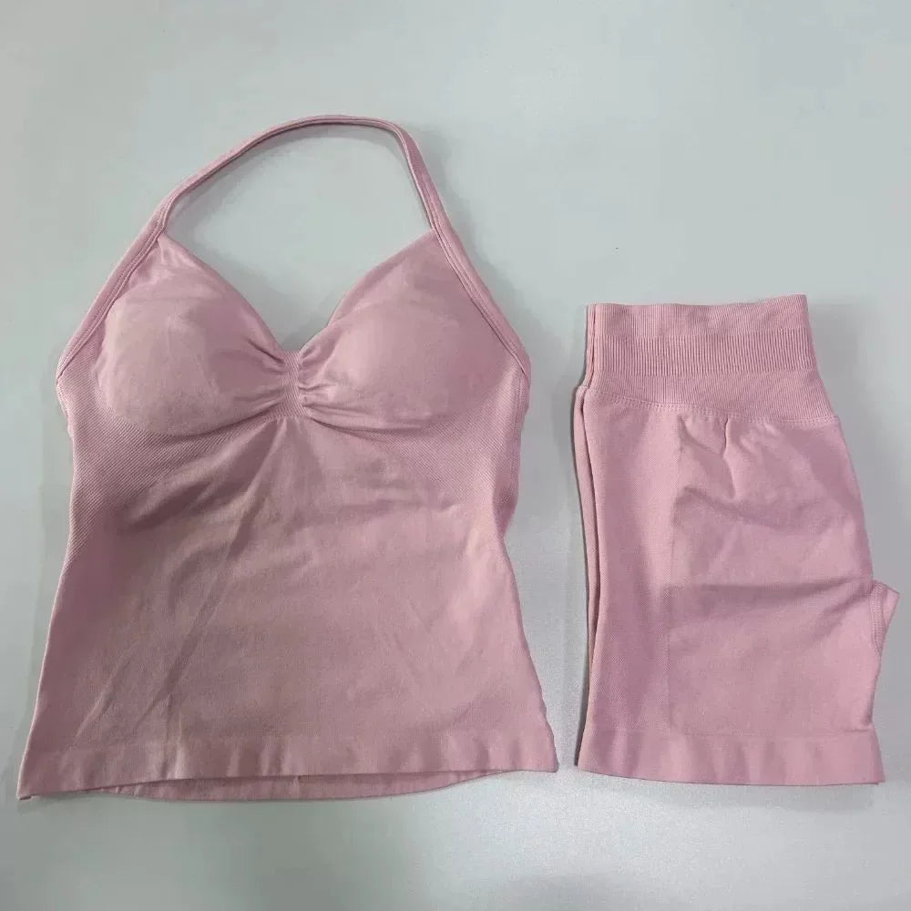 Sexy Halter Neck Beautiful Back High Waist Peach Sports Bras Shorts Suit Pilates Gathering Yoga Vest Training Fitness Bra Sets