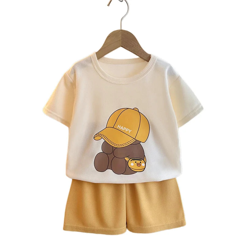 2026 Summer Kids Thin Outfit Girls Boys Cute Bear Print T-Shirt+Solid Color Shorts 2Pcs Clothing Loose Soft Children Set